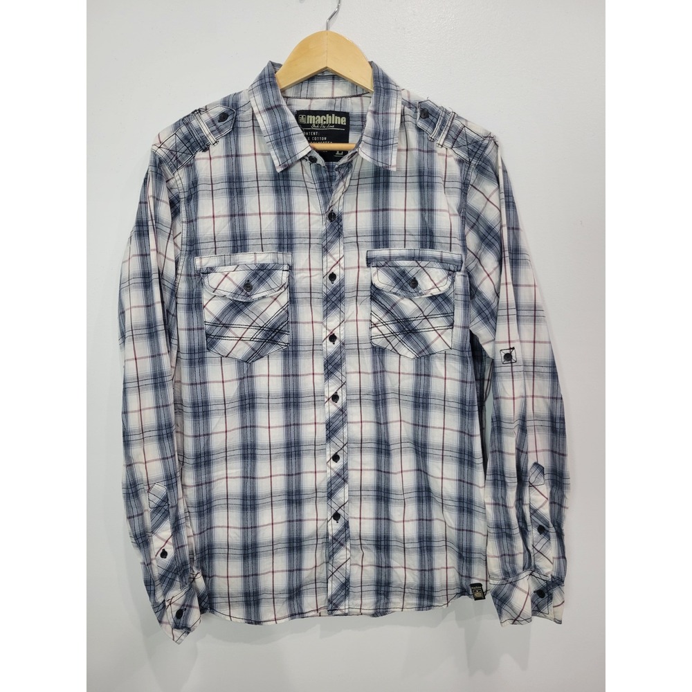 Machine Mens L Plaid Long Sleeve Button‎ Down Shirt Blue White Red Casual